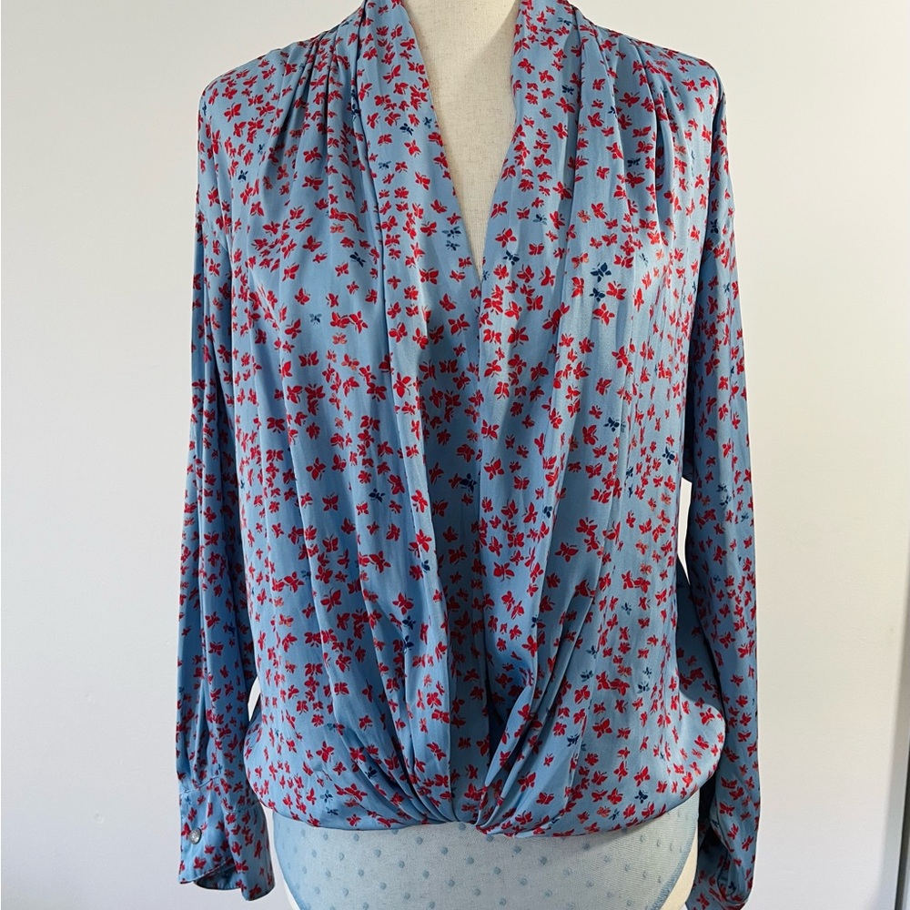 Zara Blue Blouse with Red Floral Design